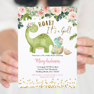 Floral Pink Tropical Dinosaur Baby Shower Invitation
