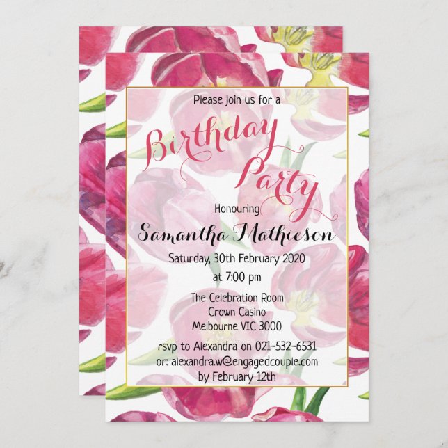 Floral Pink Tulips Birthday Party Invitation (Front/Back)