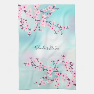 Floral Pink Turquoise Cherry Blossom Add Name Tea Towel
