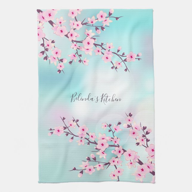 Floral Pink Turquoise Cherry Blossom Add Name Tea Towel (Vertical)