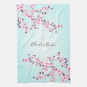 Floral Pink Turquoise Cherry Blossoms Personalise Tea Towel