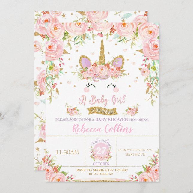 Floral Pink Unicorn Baby Shower Invitation Girl (Front/Back)