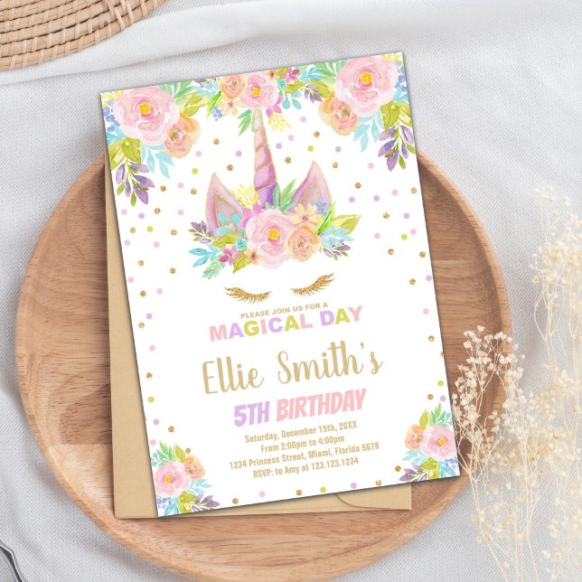 Floral Pink Unicorn Birthday Invitation (Floral Pink Unicorn Birthday Invitations)