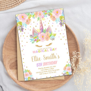 Floral Pink Unicorn Birthday Invitations
