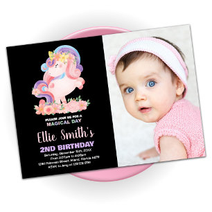 Floral Pink Unicorn Birthday Invitations w Photo