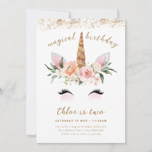 Floral Pink Unicorn Gold Glitter Girls Birthday Invitation