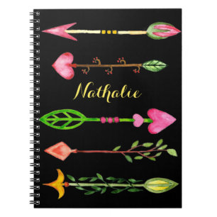 Floral pink watercolor arrows on black notebook