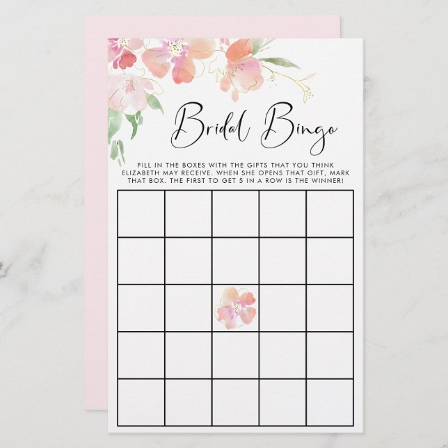 Floral Pink Watercolor Bridal Bingo Shower Game (Front/Back)