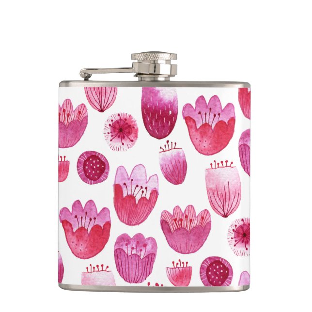 Floral Pink Watercolor Hip Flask (Front)