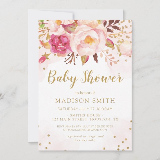 Floral Pink Watercolor Invitation (Front)
