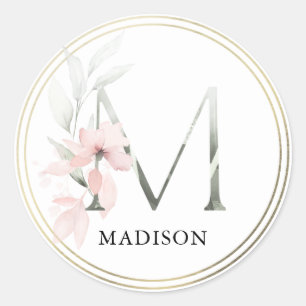 Floral Pink Watercolor Letter 'M' Monogram Classic Round Sticker