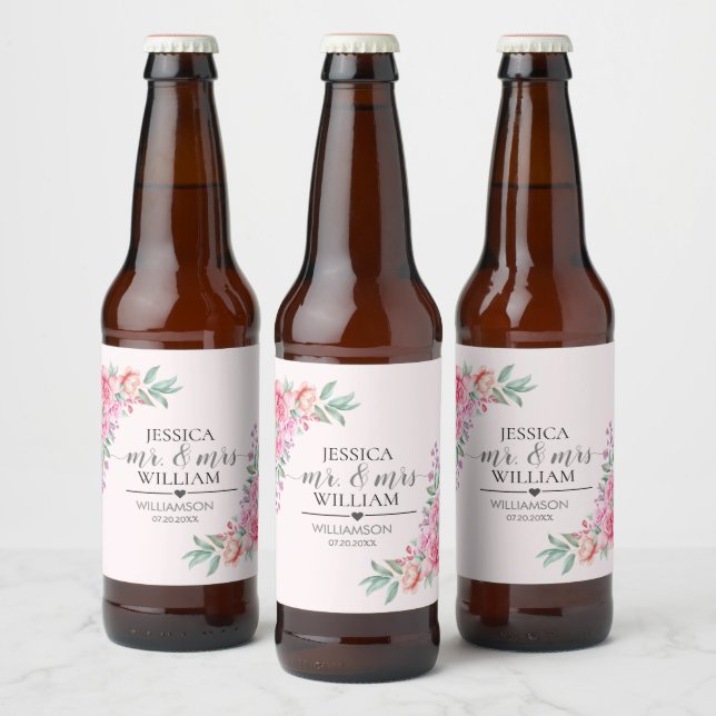 Floral Pink wedding Beer Bottle Label (Bottles)