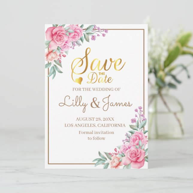 Floral Pink Wedding geometric Save The Date (Standing Front)