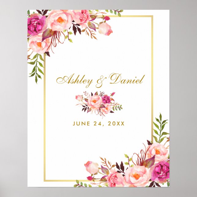 Floral Pink Wedding Guest Book Alternative Poster (Front)