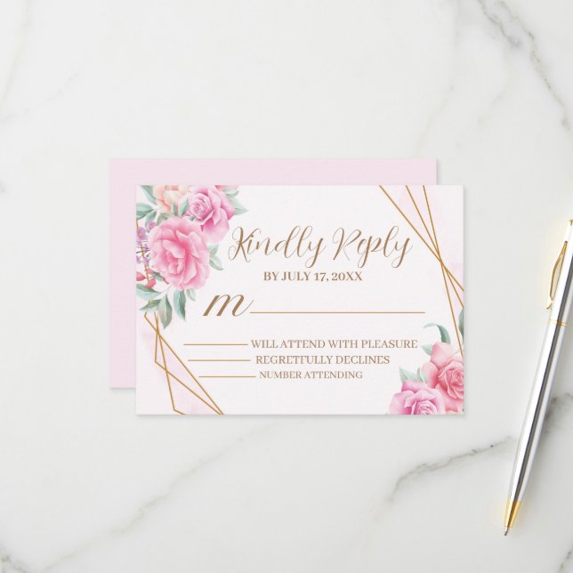 Floral Pink Wedding   RSVP Card (Front/Back In Situ)