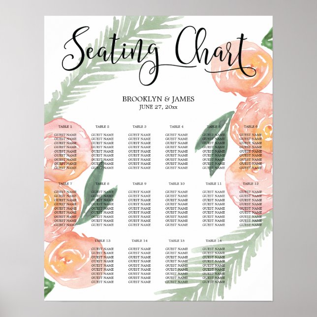 Floral Pink Wedding Seating Chart Poster 16x20 (Front)