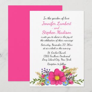 Floral Pink Wedding Watercolor Magenta Flowers Invitation