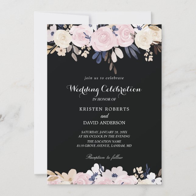 floral pink white and black wedding invitations (Front)