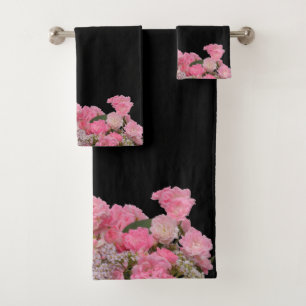 Floral Pink White Flowers black Background Bath Towel Set