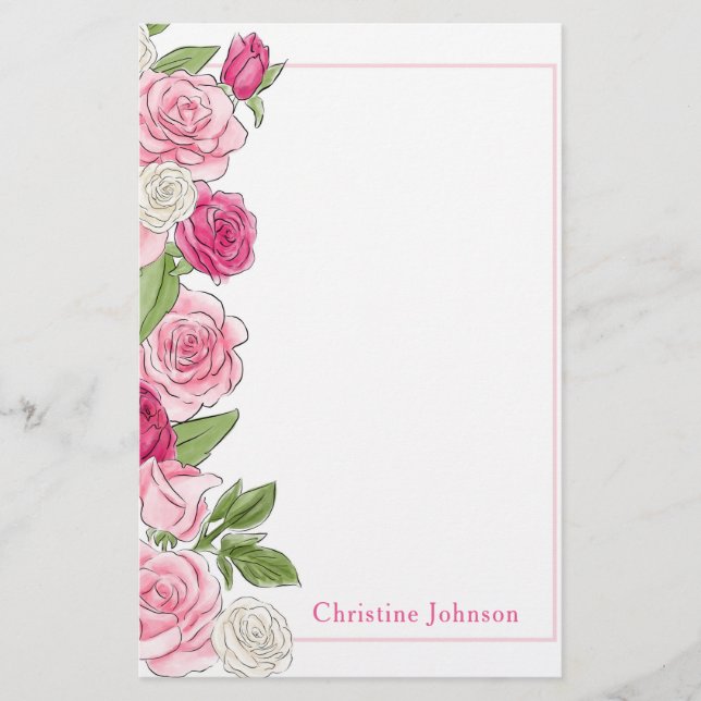 Floral Pink & White Roses Personalised Stationery (Front)