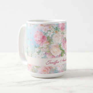 Floral Pink & White Roses with Custom Name Coffee Mug