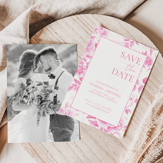 Floral Pink White Toile De Jouy Photo Save The Date (Creator Uploaded)