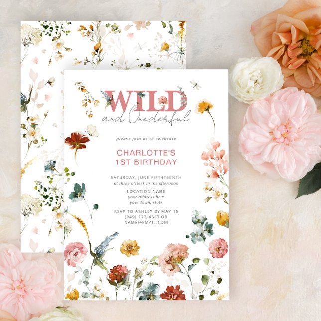 Floral Pink Wild & Onederful Girl 1st Birthday Invitation (Easily personalize this 1st Birthday Invitation with your details for a very special event!)