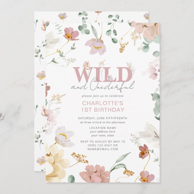 Floral Pink Wild & Onederful Girl 1st Birthday Invitation (Front/Back)