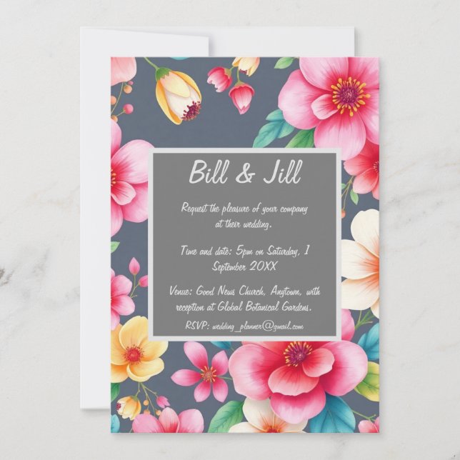 Floral Pink Yellow Blossoms On Charcoal Wedding Invitation (Front)