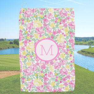 Floral Pink Yellow Preppy Custom Initial Ladies Golf Towel