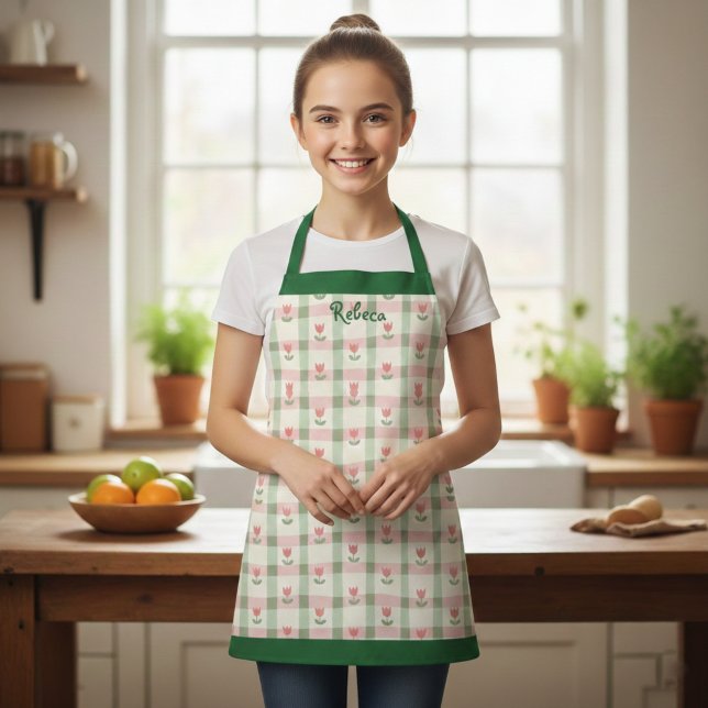 Floral Plaid Kids' Apron with Custom Name (Creator Uploaded)