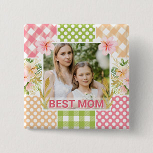 Floral & Plaid Photo Frame Mother's Day 15 Cm Square Badge