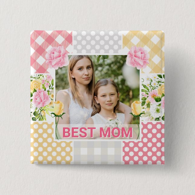 Floral & Plaid Photo Frame Mother's Day 15 Cm Square Badge (Front)