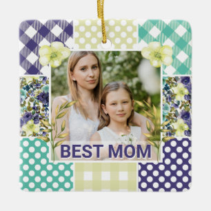Floral & Plaid Photo Frame Mother's Day Ceramic Ornament