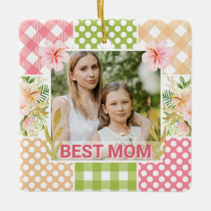 Floral & Plaid Photo Frame Mother's Day Ceramic Ornament