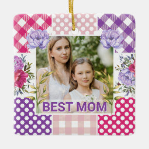 Floral & Plaid Photo Frame Mother's Day Ceramic Ornament