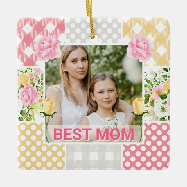 Floral & Plaid Photo Frame Mother's Day Ceramic Ornament (Front)