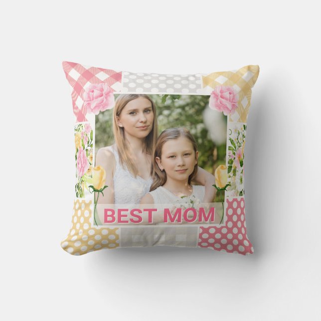 Floral & Plaid Photo Frame Mother's Day Cushion (Front)