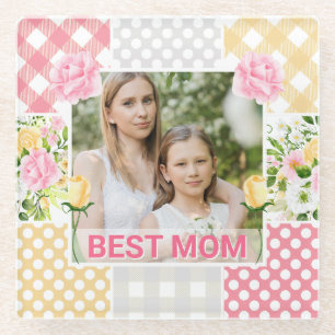 Floral & Plaid Photo Frame Mother's Day Glass Coaster