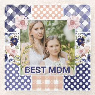 Floral & Plaid Photo Frame Mother's Day Glass Coaster