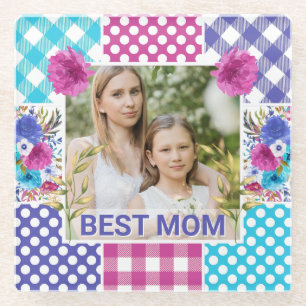 Floral & Plaid Photo Frame Mother's Day Glass Coaster