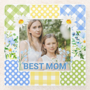 Floral & Plaid Photo Frame Mother's Day Glass Coaster