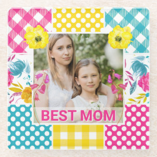 Floral & Plaid Photo Frame Mother's Day Glass Coaster