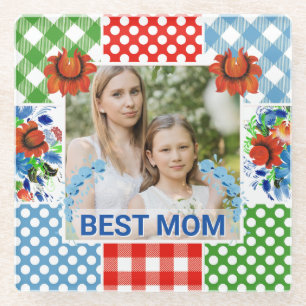 Floral & Plaid Photo Frame Mother's Day Glass Coaster