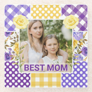 Floral & Plaid Photo Frame Mother's Day Glass Coaster