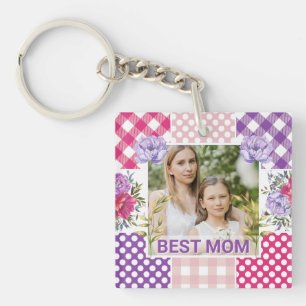 Floral & Plaid Photo Frame Mother's Day Key Ring