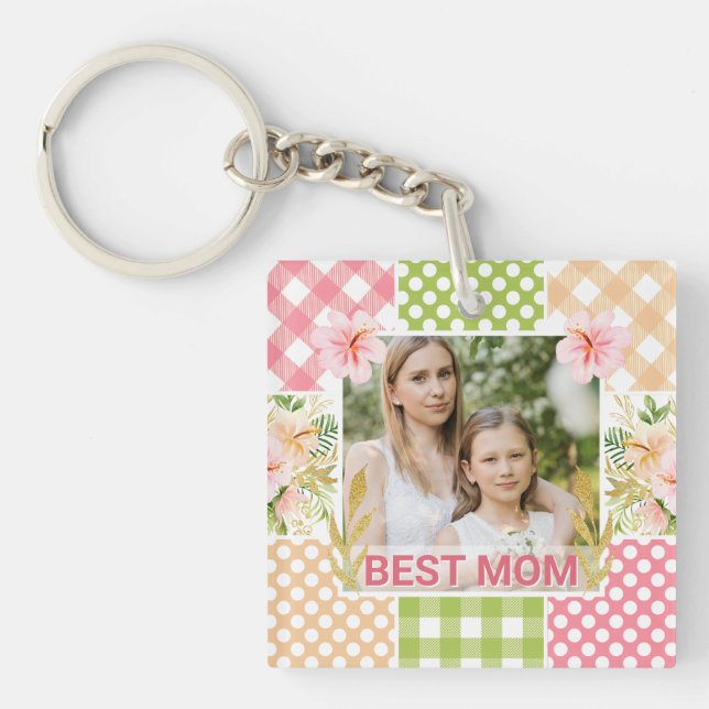 Floral & Plaid Photo Frame Mother's Day Key Ring (Front)