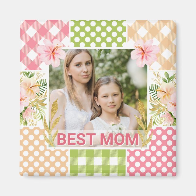 Floral & Plaid Photo Frame Mother's Day Magnet (Front)