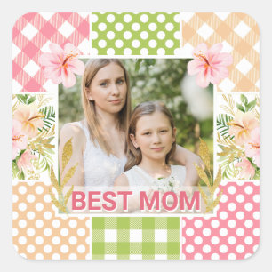 Floral & Plaid Photo Frame Mother's Day Square Sticker