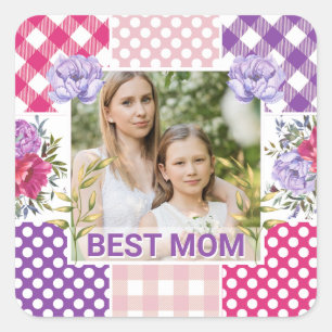 Floral & Plaid Photo Frame Mother's Day Square Sticker